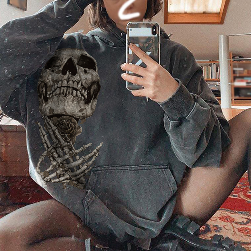 Skull rose print hoodie