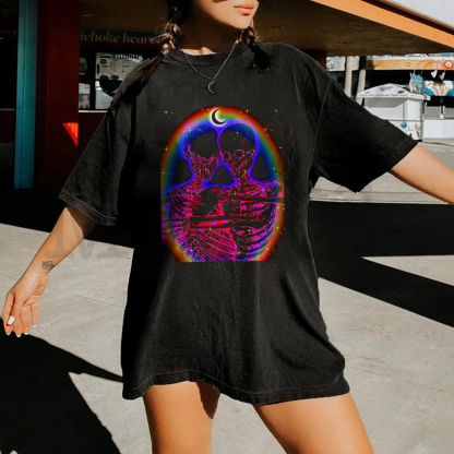 Skull Couple With Moon And Rainbow Ring T-shirt