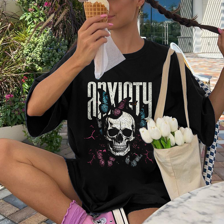 Anxiety Skull Surrounded By Butterflies T-shirt
