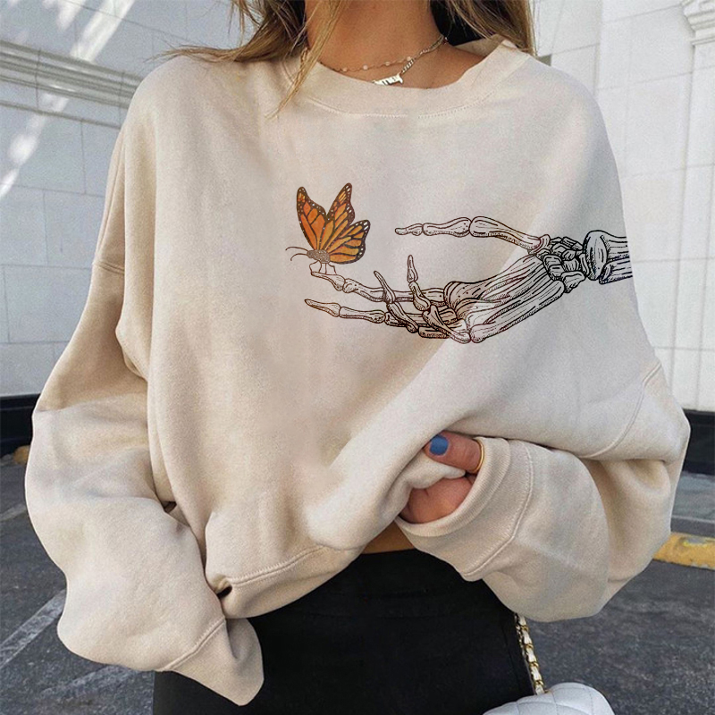 Butterfly Skull Print Women's Casual Sweatshirt