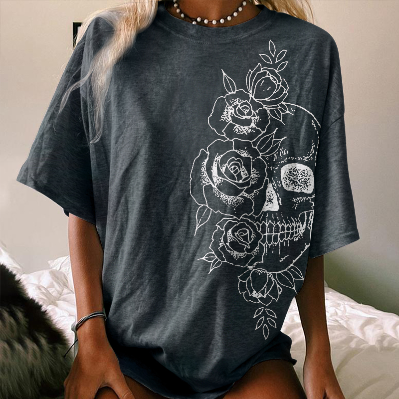 Skeleton And Flower Printed T-shirt