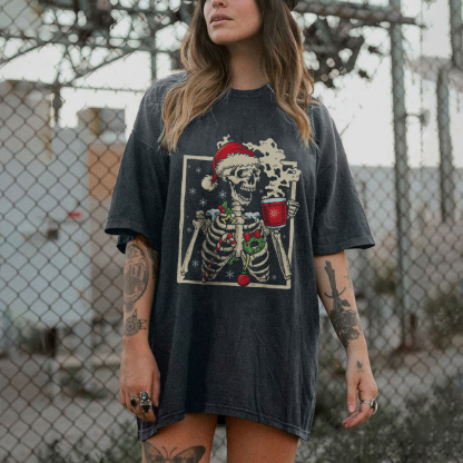 Skeleton Drinking Coffee Christmas T-shirt