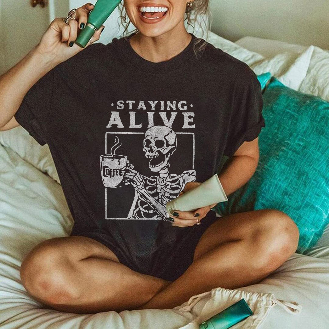 Staying Alive with Coffee Skull T-shirt