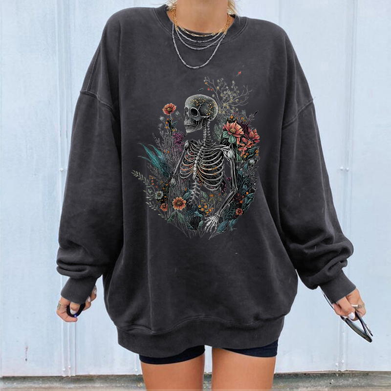 Skeleton And Flower Printed Sweatshirt