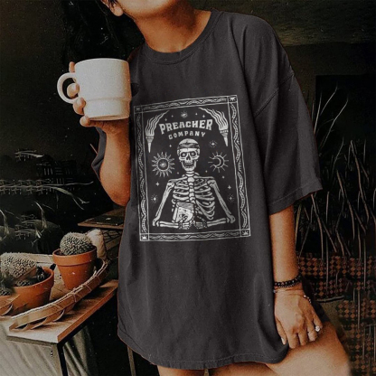 Preacher Company Skeleton Holding Book T-shirt