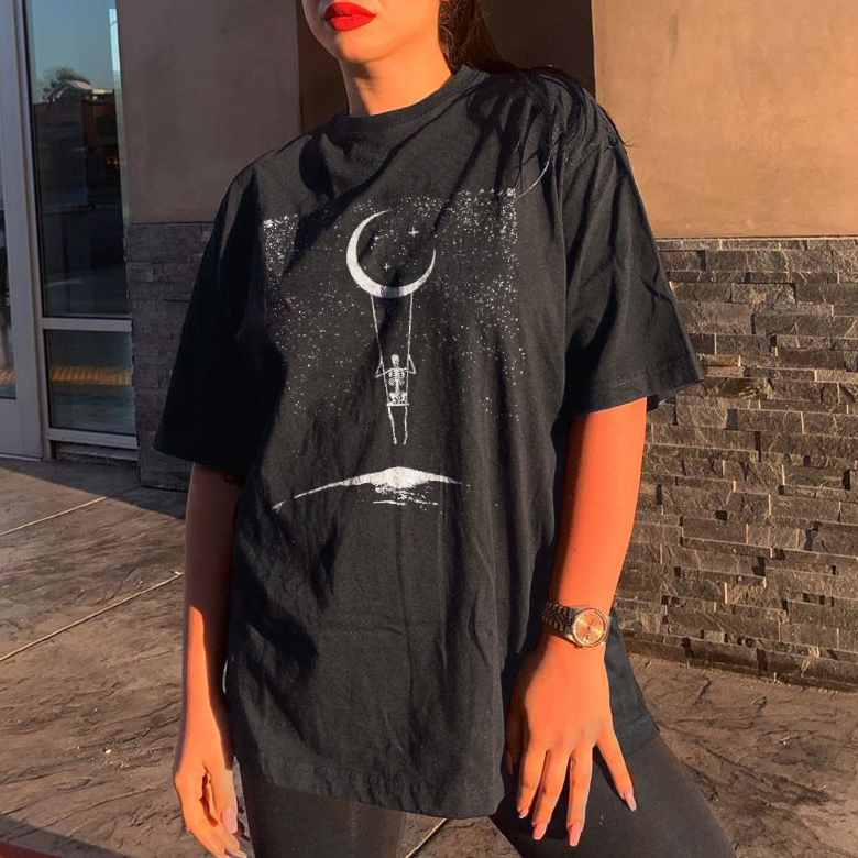 Vintage Casual Moon&Skull Print Loose T-Shirt