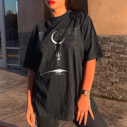 Vintage Casual Moon&Skull Print Loose T-Shirt