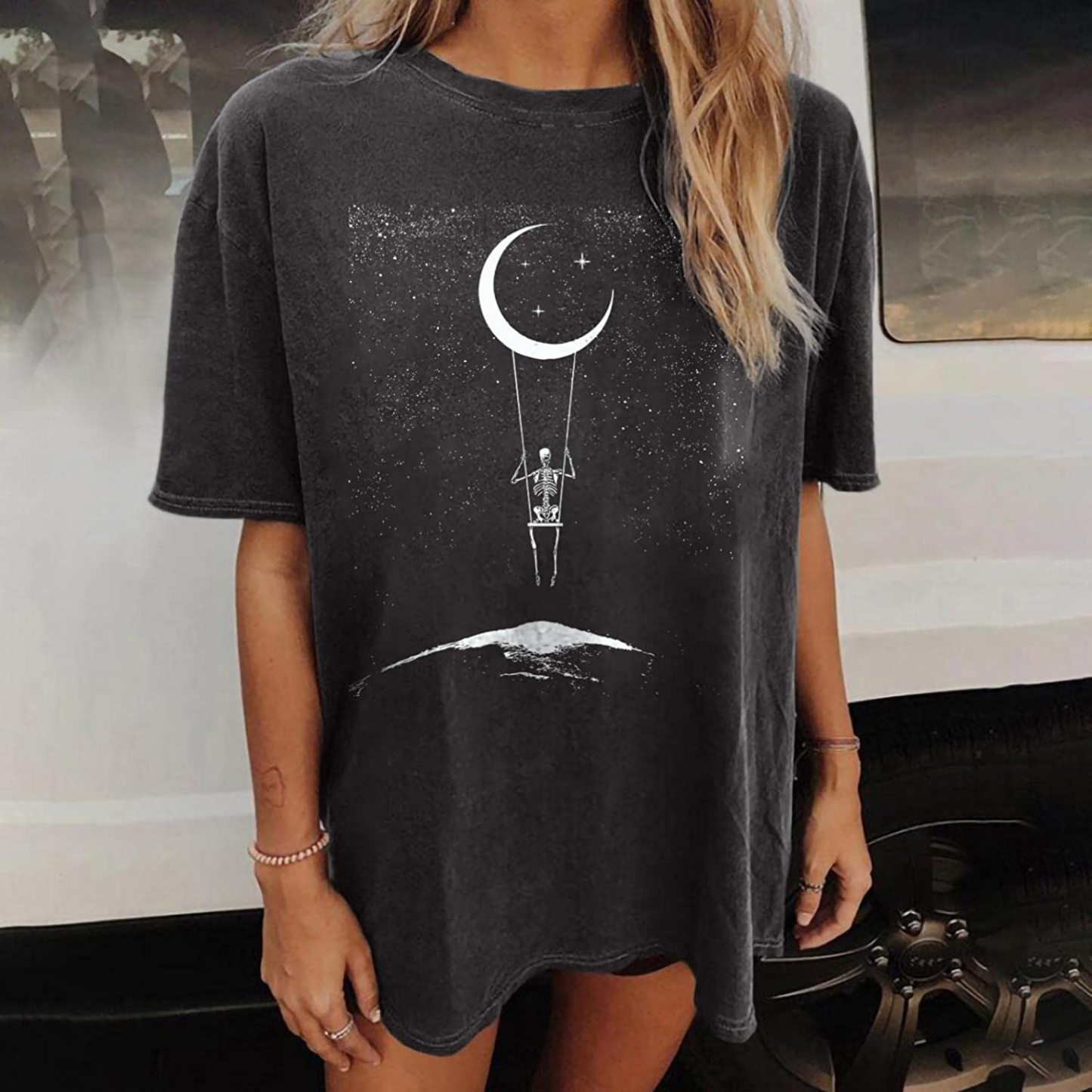 Vintage Casual Moon&Skull Print Loose T-Shirt