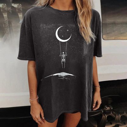 Vintage Casual Moon&Skull Print Loose T-Shirt