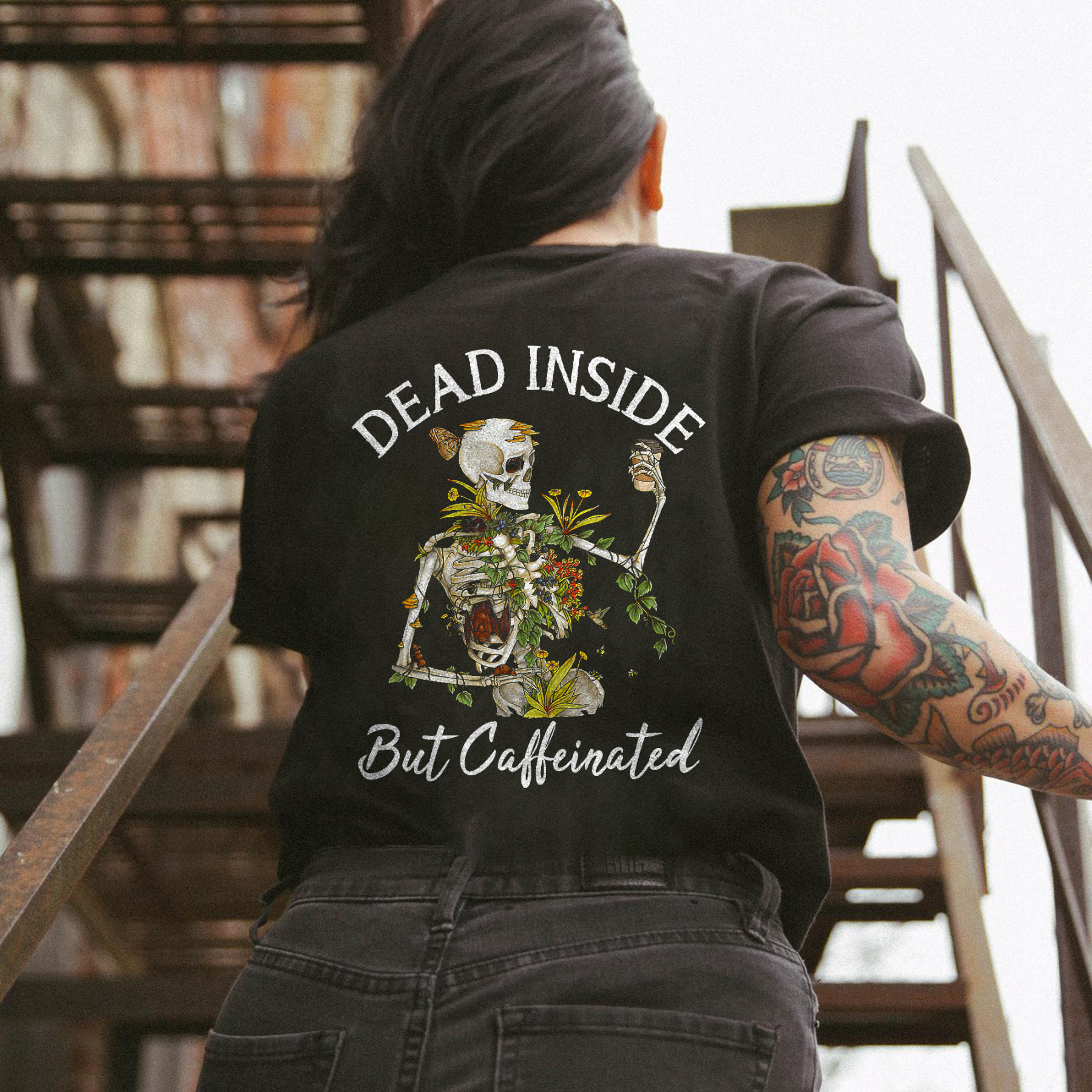 Dead Inside But Caffeinated Printed Skeleton T-shirt