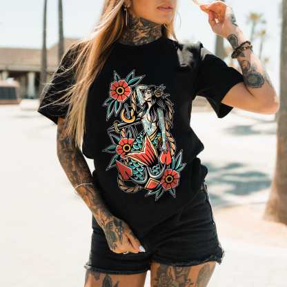 Vintage Floral Mermaid Man Printed Women's T-shirt