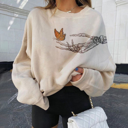 Butterfly Skull Print Women's Casual Sweatshirt