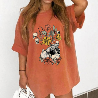 Skeletons And Flower Printed T-shirt