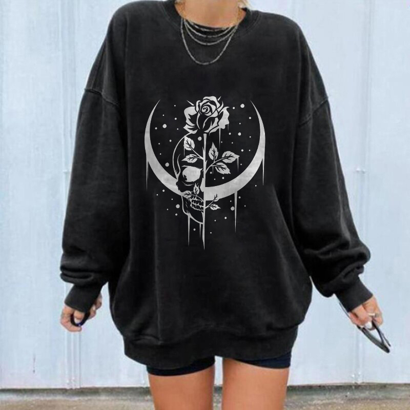 Skull Moon Rose Print Loose Sweatshirt