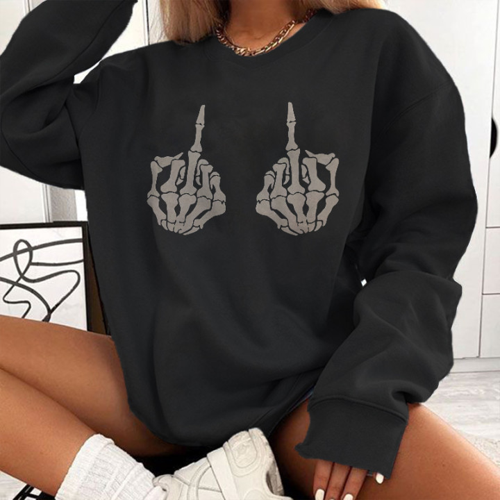 Skeleton Hand Gesture Printed Casual Black Sweatshirt