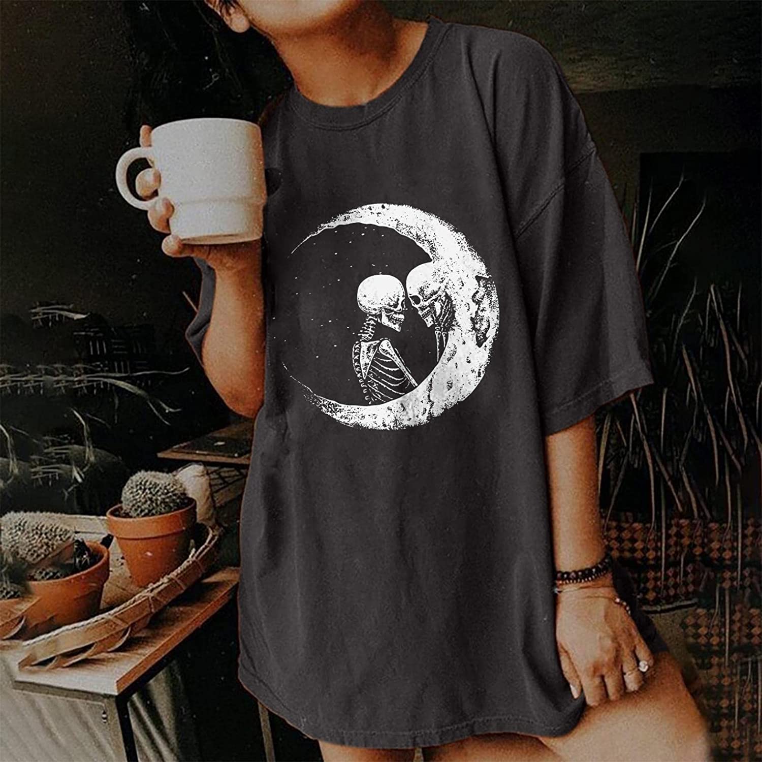 Couple Skull Moon Print Loose T-Shirt