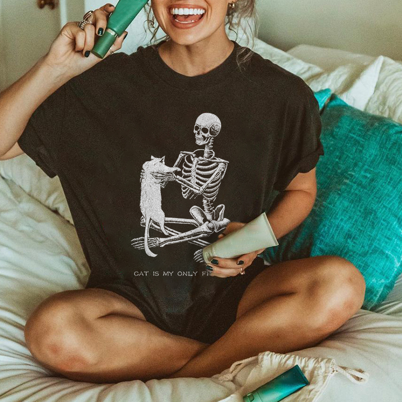 Minnieskull Cat is my only friend skeleton printed designer T-shirt