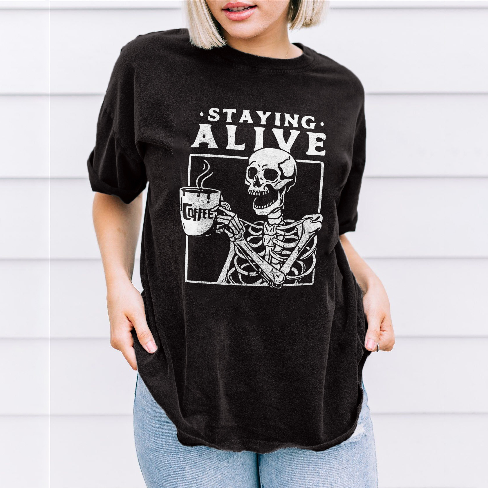 Staying Alive with Coffee Skull T-shirt