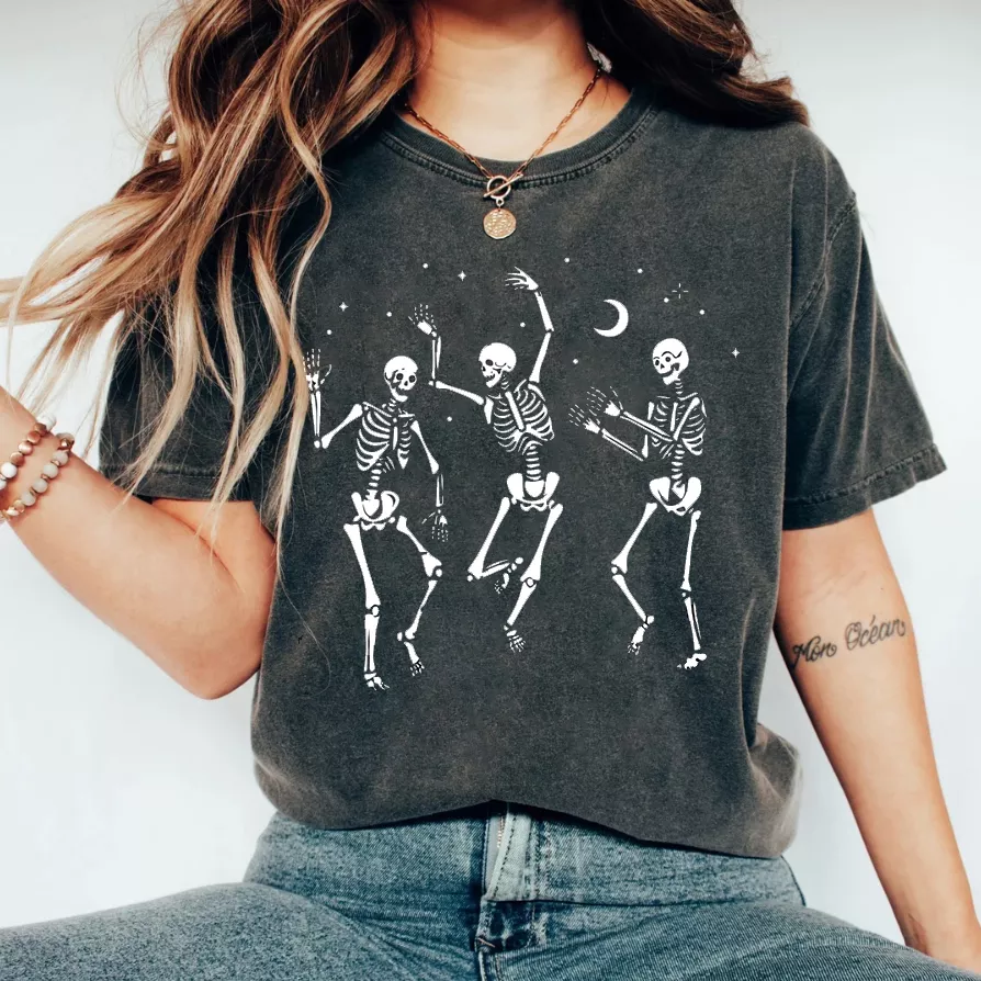 Halloween Party Dancing Skeleton Printed Women's T-shirts