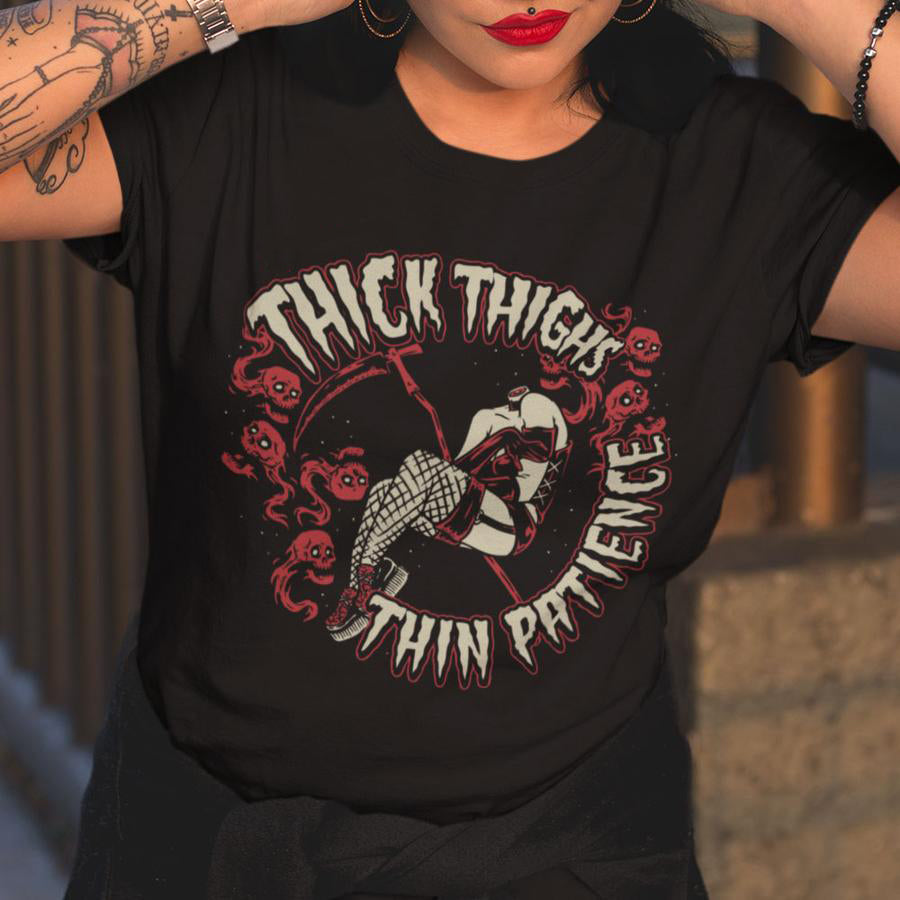 Thick Thighs Thin Patience Print Black T-shirt
