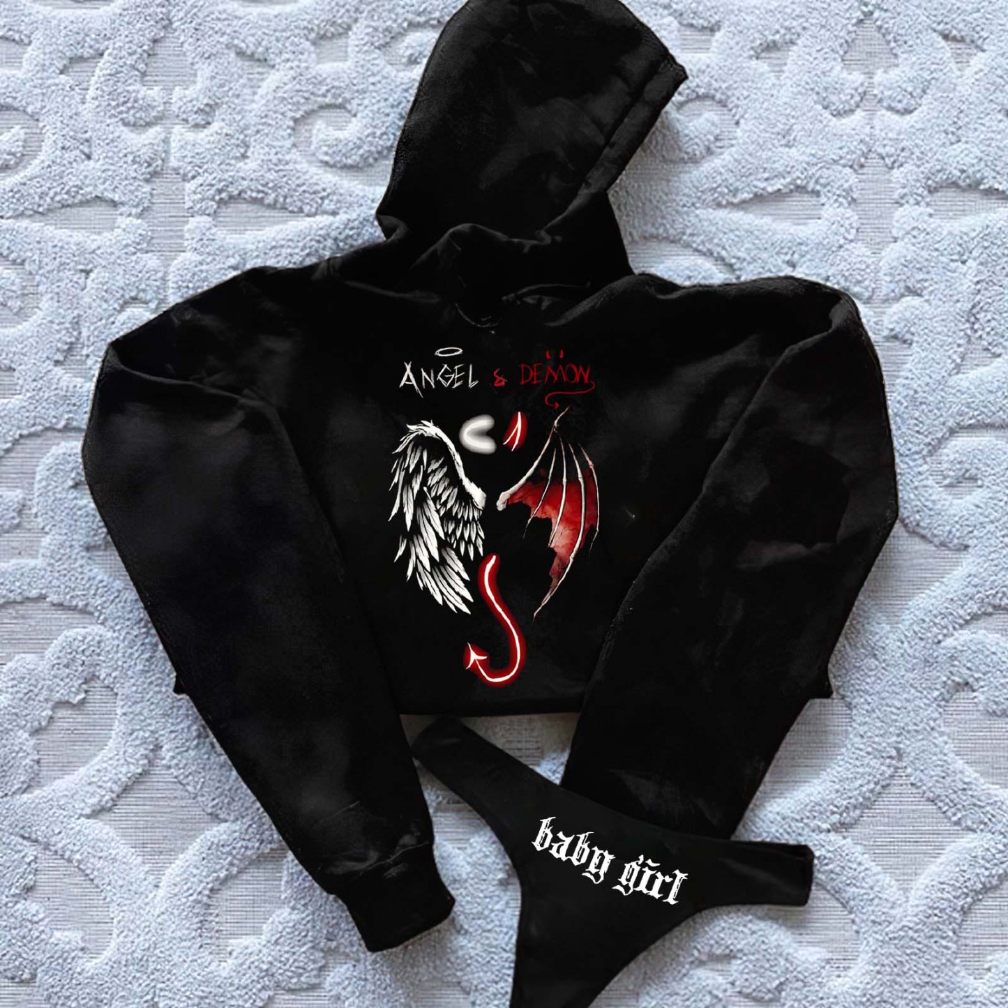 Angel & Demon Printed Women's Cropped Hoodie & Thong Sets