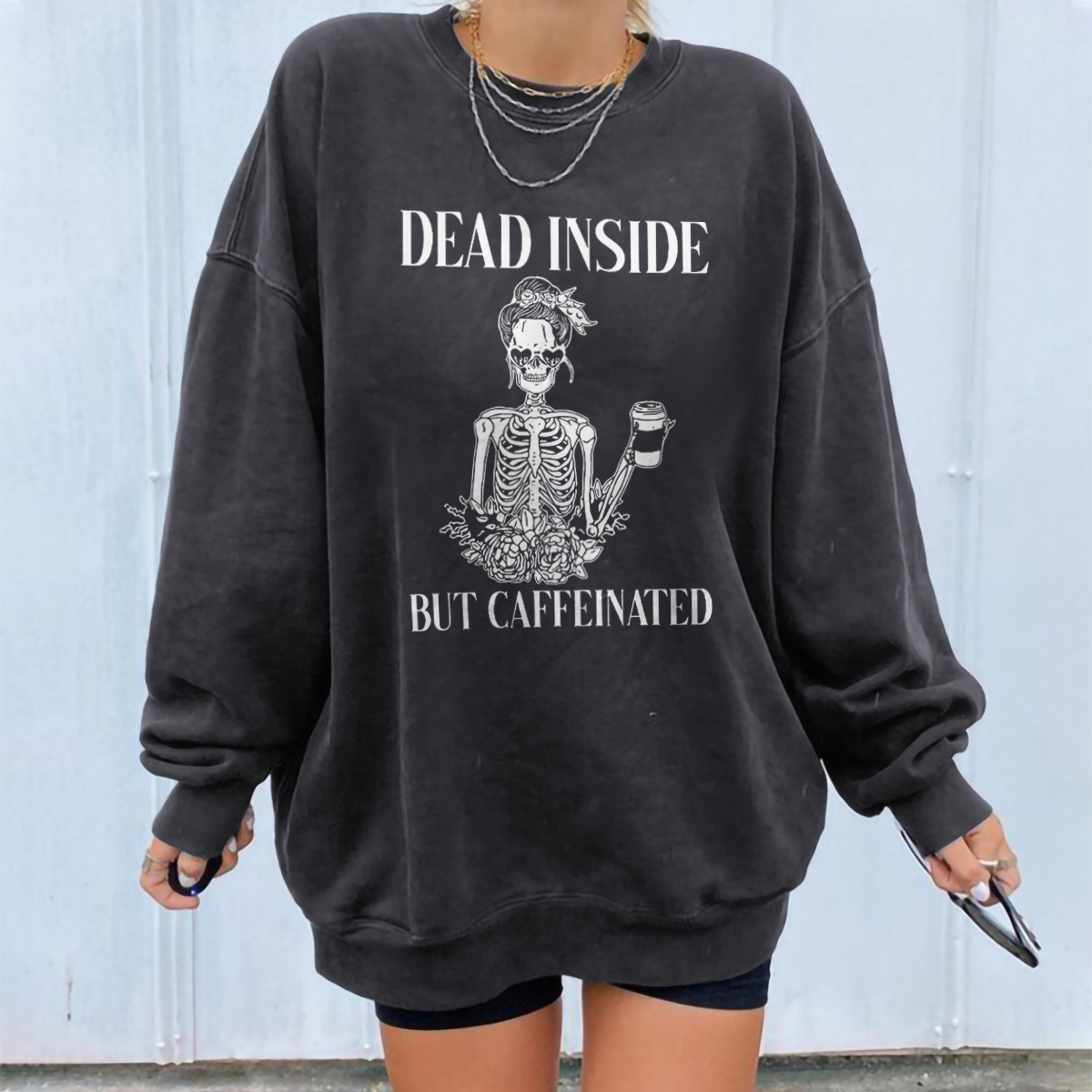 Dead Inside But Caffeinated Skull Print Women's Cozy Loose Sweatshirt