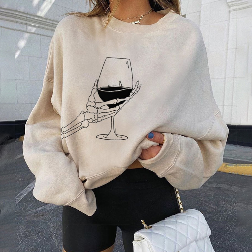 Wine Skull Print Women's Casual Sweatshirt Designer