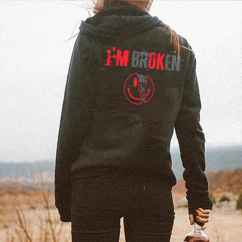 Vintage I'm Broken Skull Printing Women's Black Hoodie
