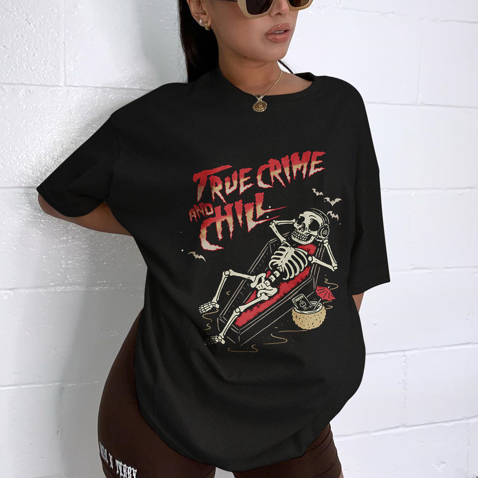 True Crime and Chill Skull Printed T-Shirt
