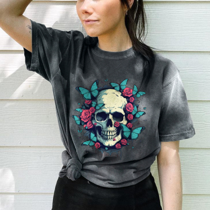 Skull Surrounded By Flowers And Butterflies T-shirt