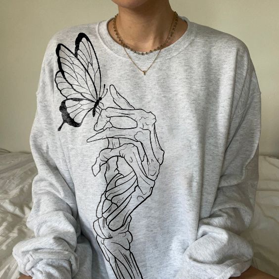 Butterfly And Skeleton Hand Printed Sweatshirt