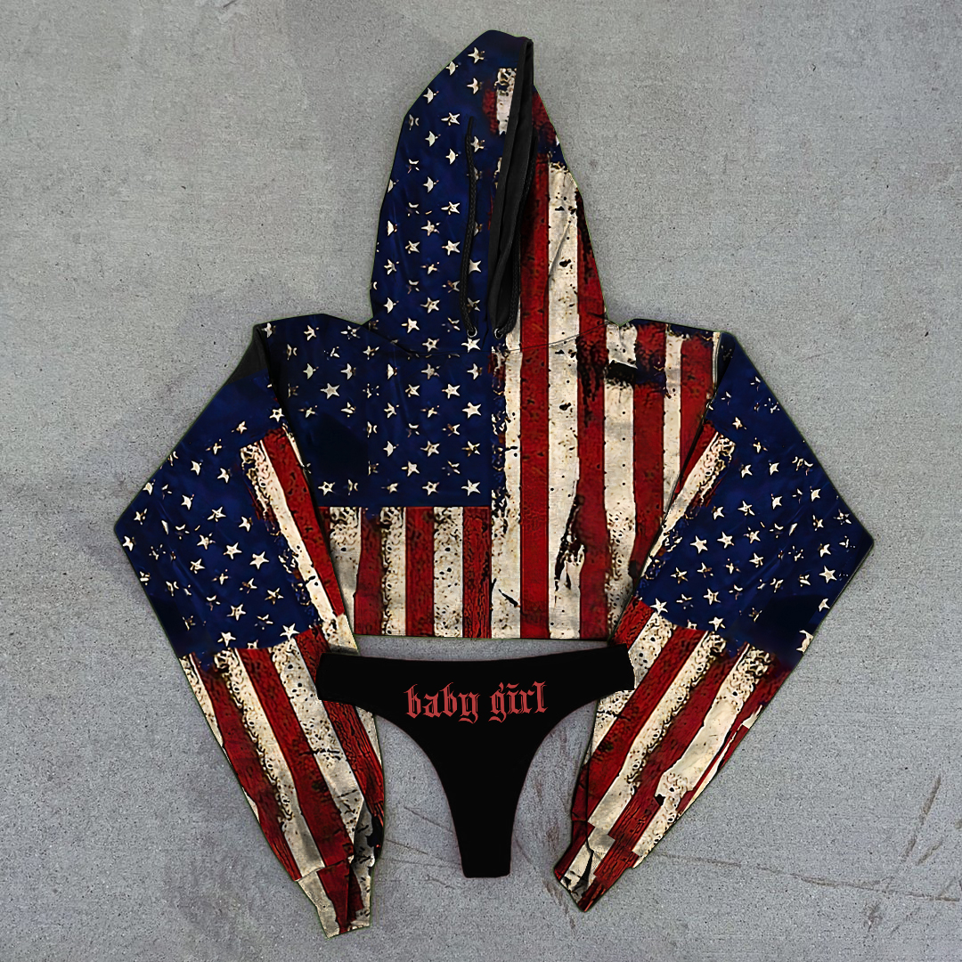 American Flag Baby Girl Printed Hoodie & Thong Sets