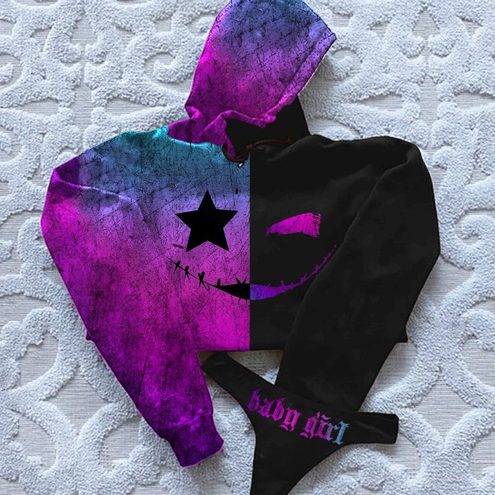 Demon Face Baby Girl Printed Hoodie & Thong Sets