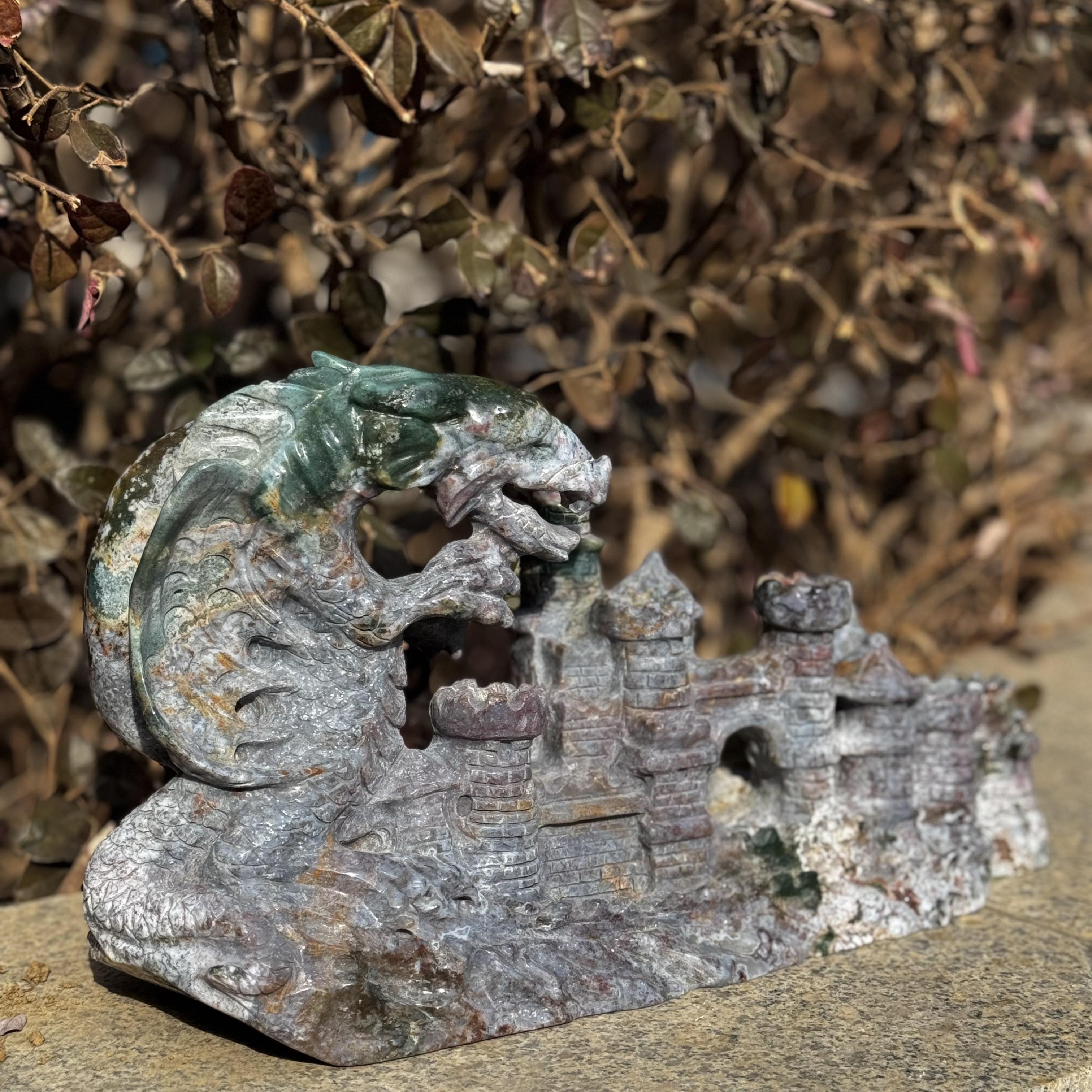 Ocean Jasper Castle Dragon Carving