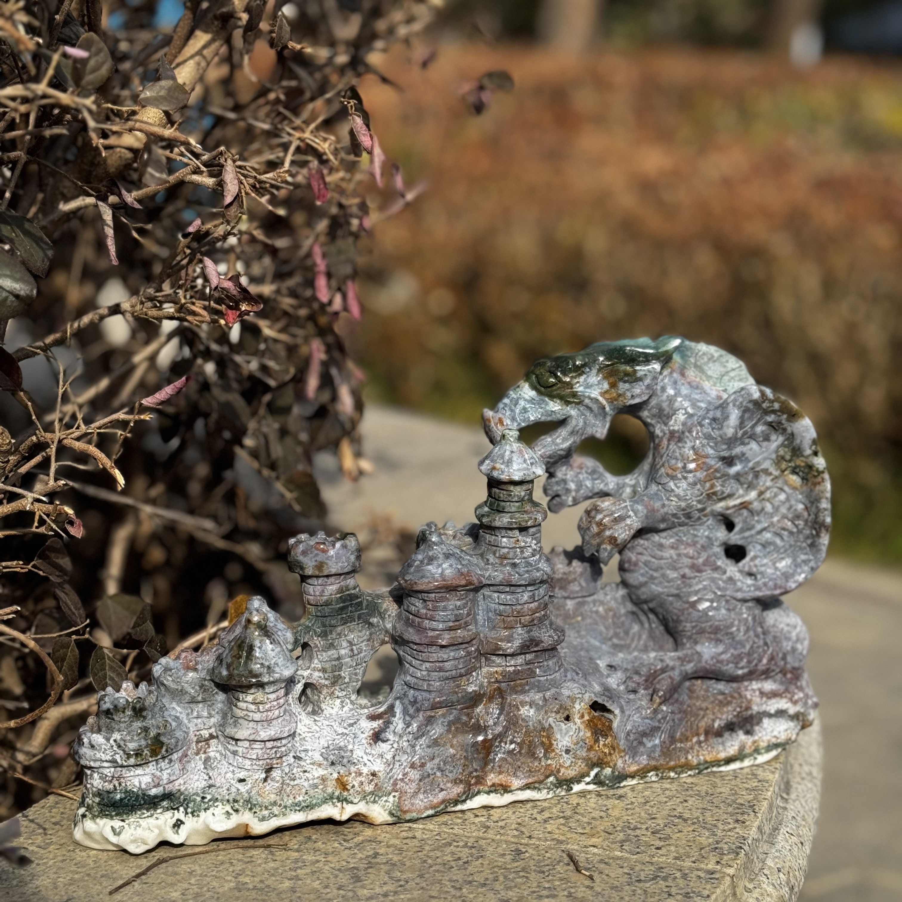 Ocean Jasper Castle Dragon Carving