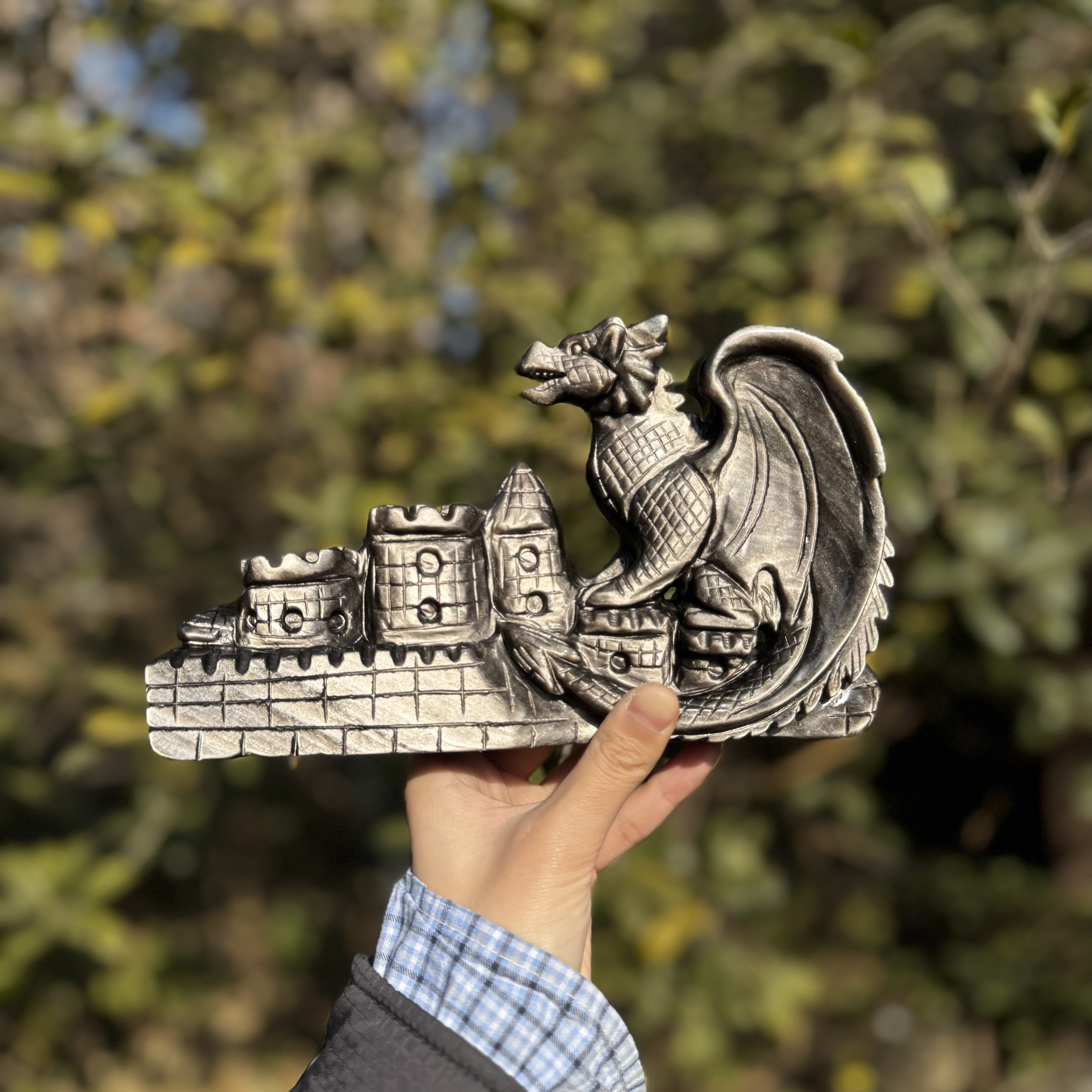Silver Obsidian Castle Dragon Carving