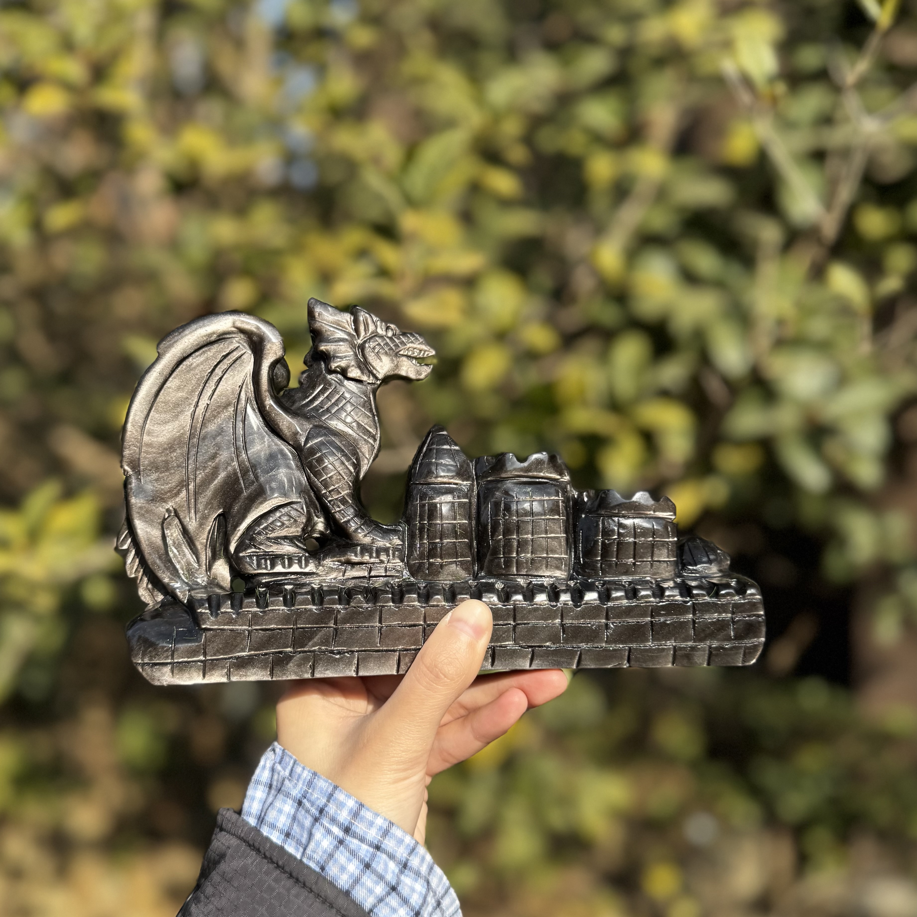 Silver Obsidian Castle Dragon Carving
