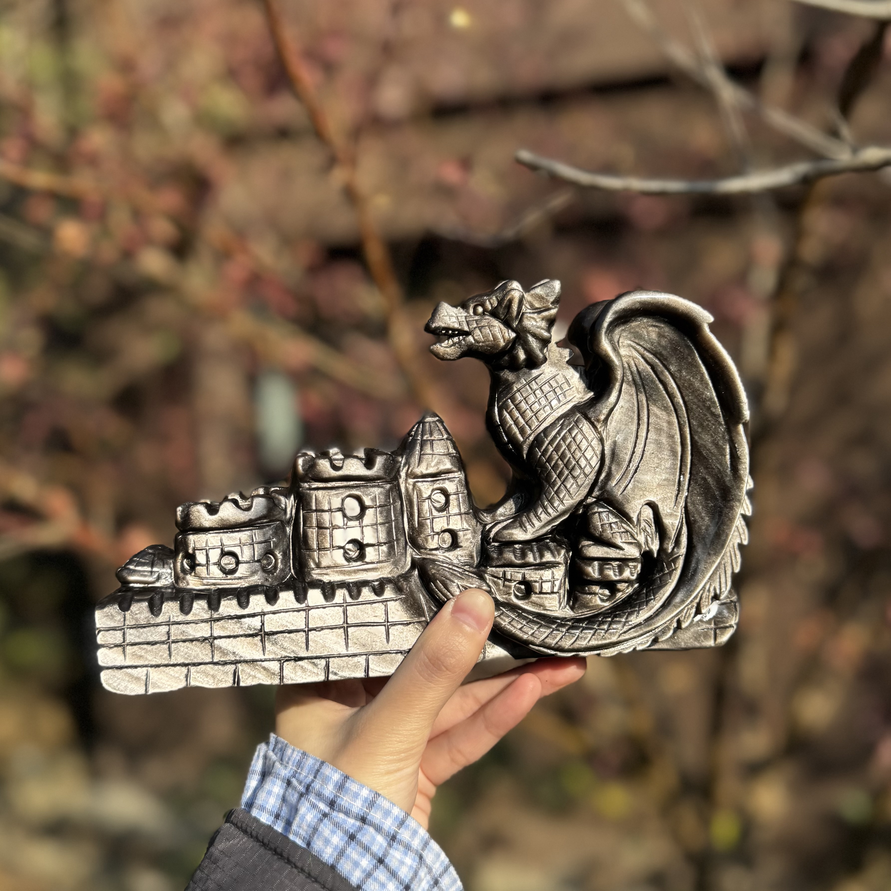 Silver Obsidian Castle Dragon Carving