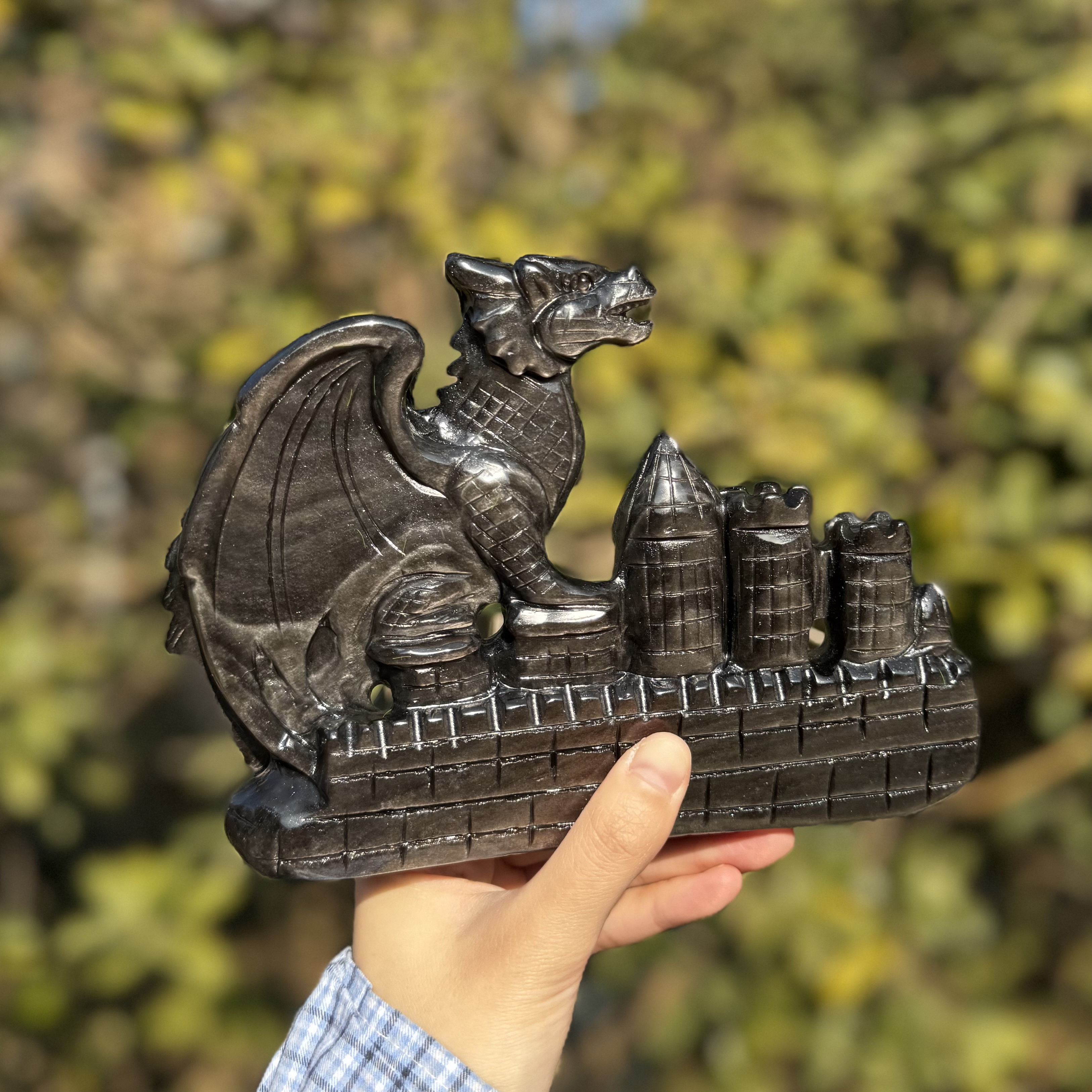 Silver Obsidian Castle Dragon Carving