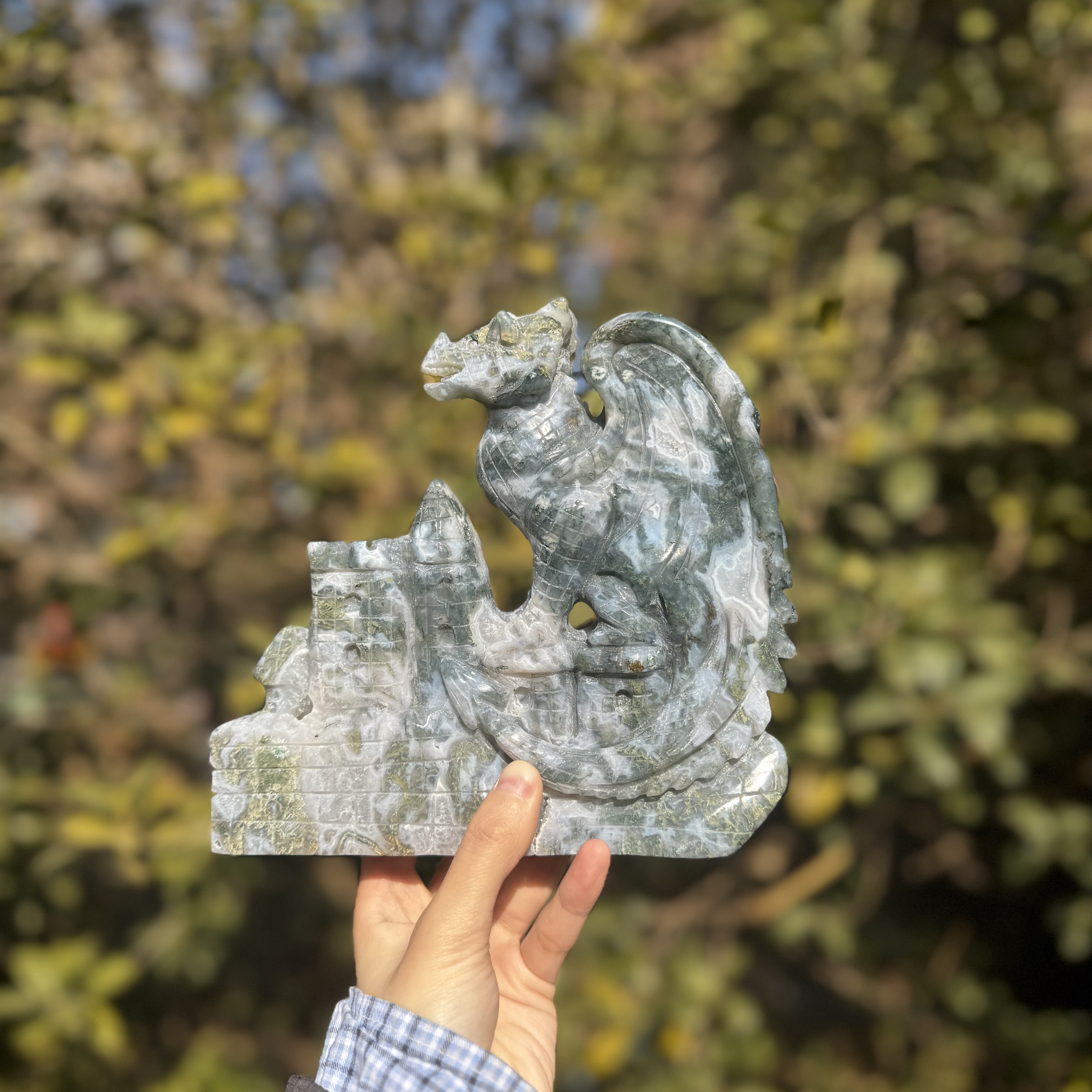 Moss Agate Castle Dragon Carving