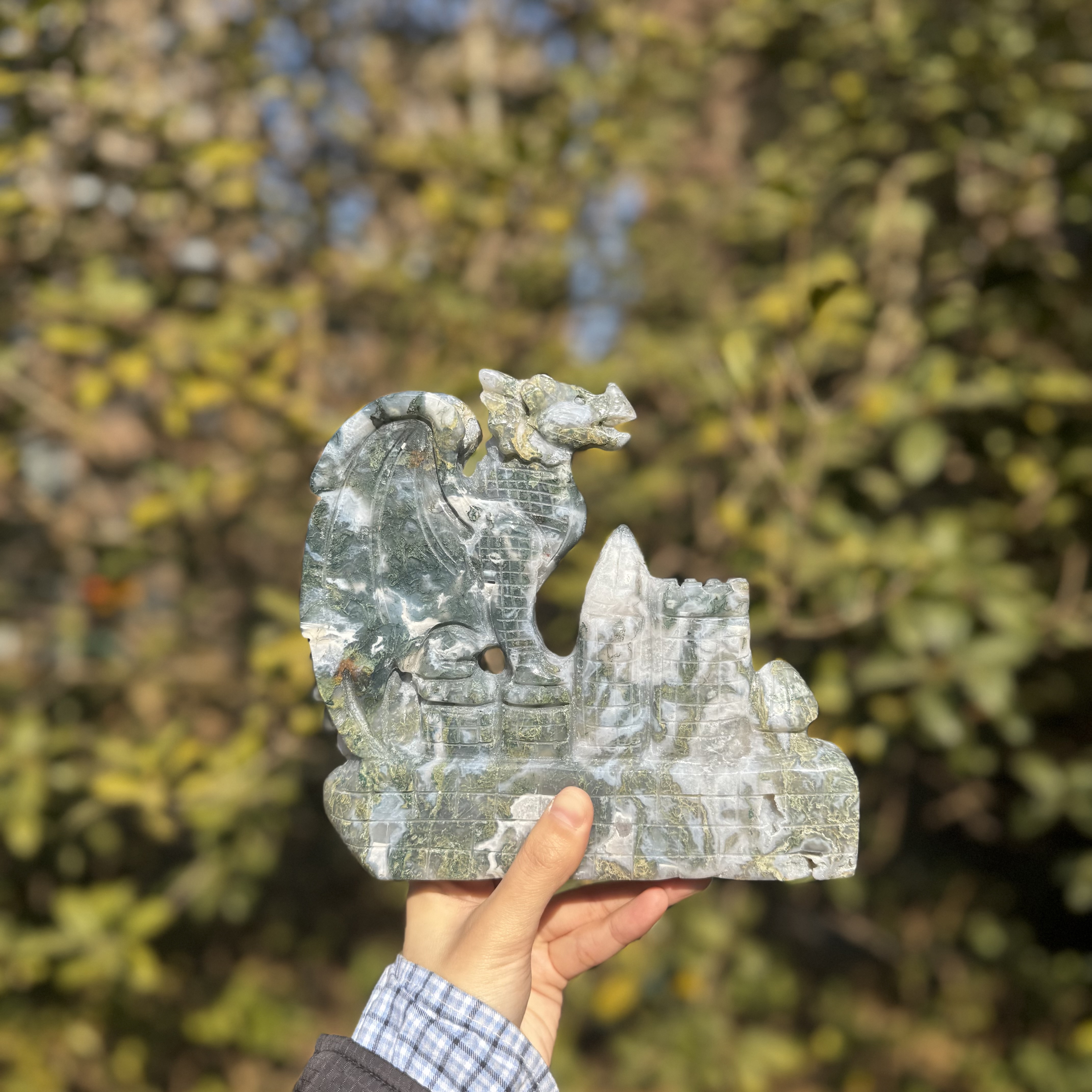 Moss Agate Castle Dragon Carving