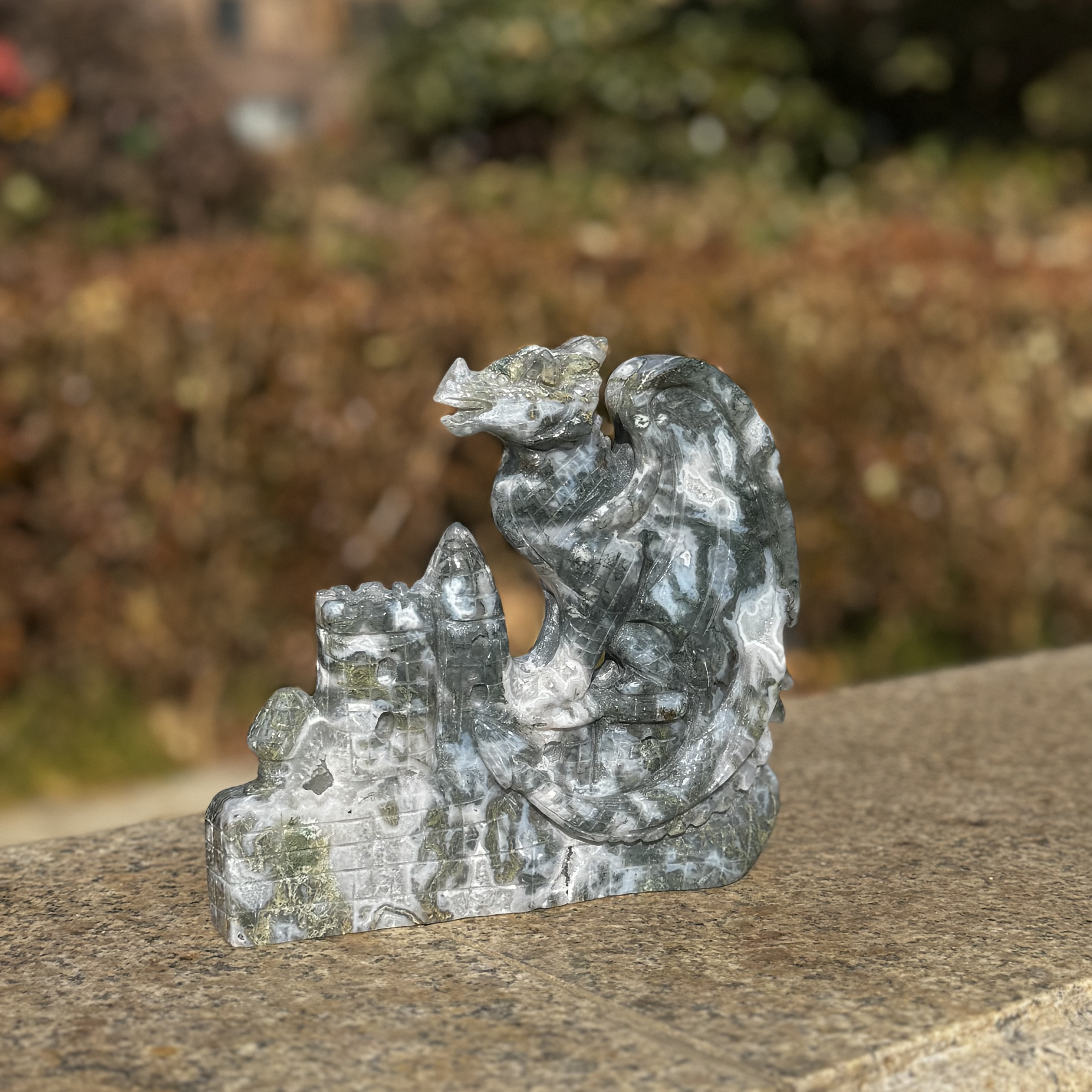 Moss Agate Castle Dragon Carving