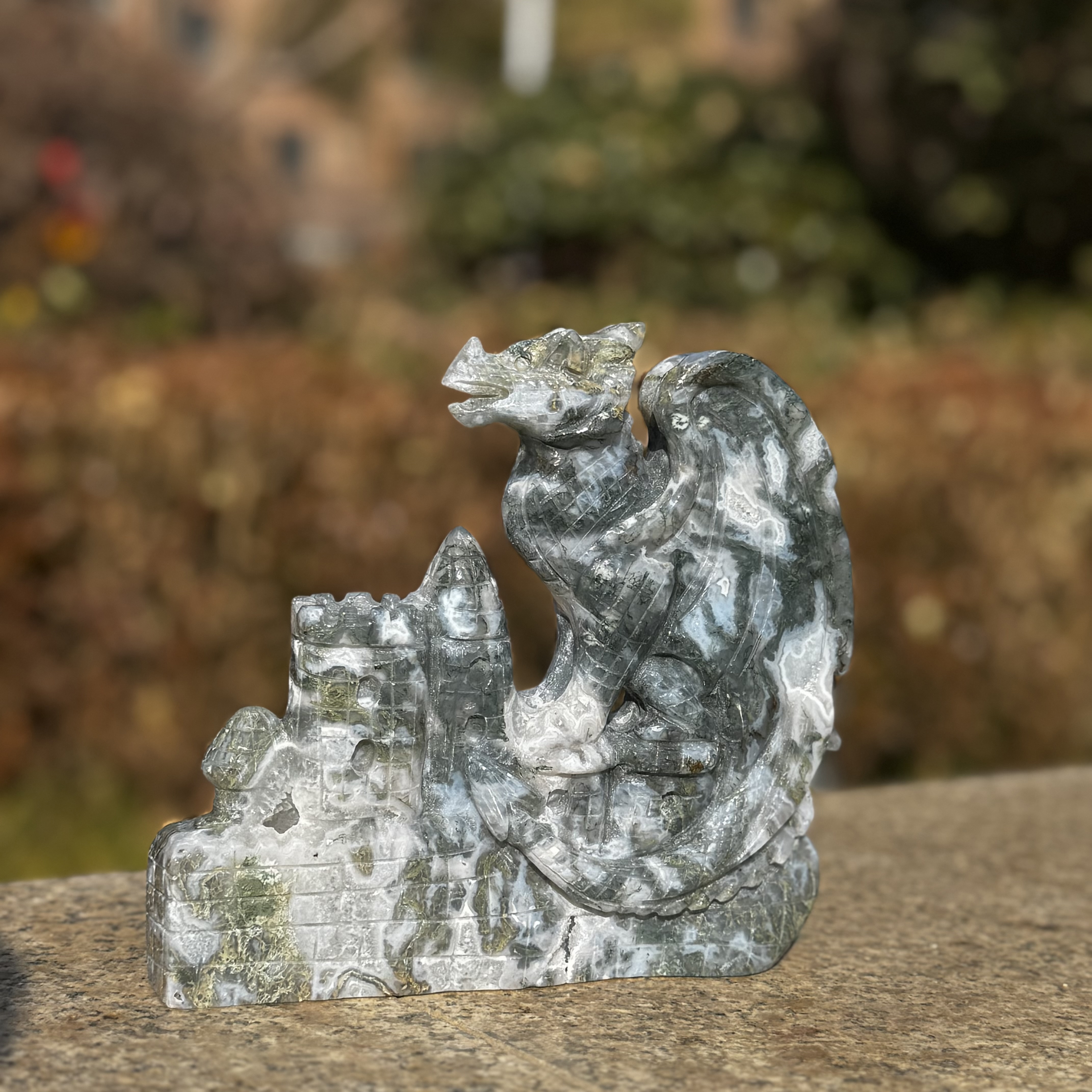 Moss Agate Castle Dragon Carving
