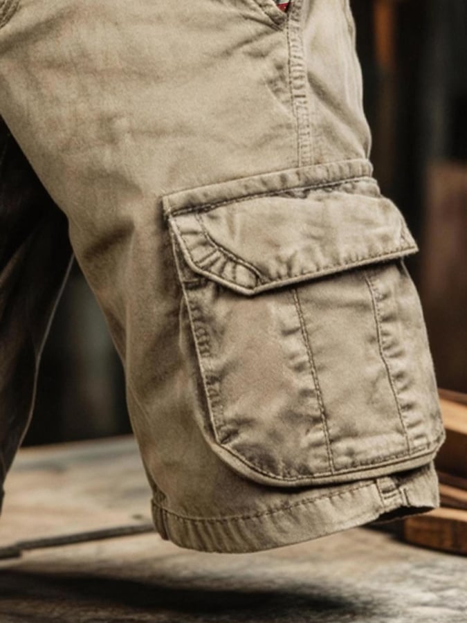 Men's Retro Outdoor Washed & Distressed Multi-Pocket Functional Cargo Shorts-America250