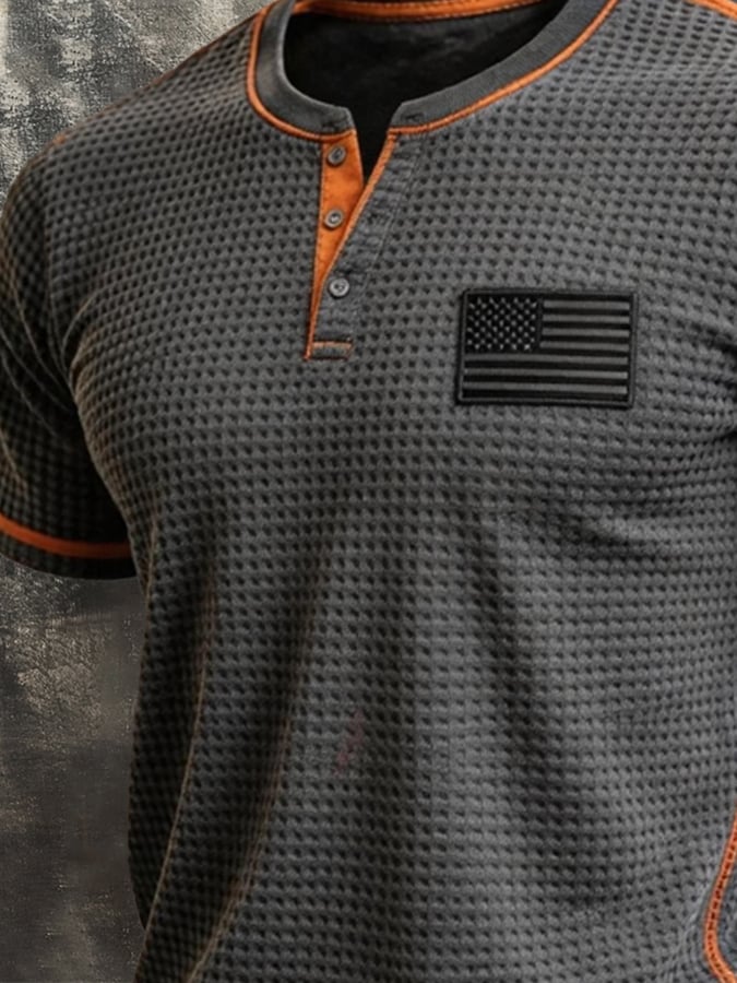 Men's Retro Color-block Waffle-Knit Henley T-Shirt-America250