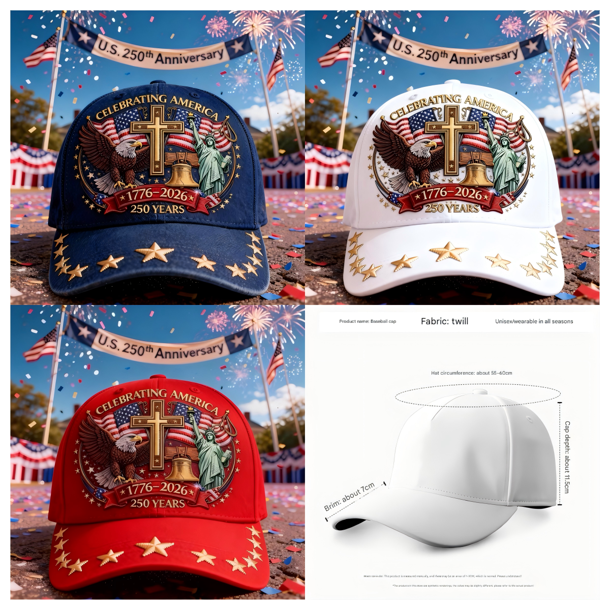 🦅Eagle & Liberty & Cross🎆United States 250th Anniversary Hat🧢-America250