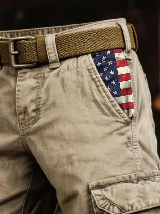 Men's Retro Outdoor Washed & Distressed Multi-Pocket Functional Cargo Shorts-America250