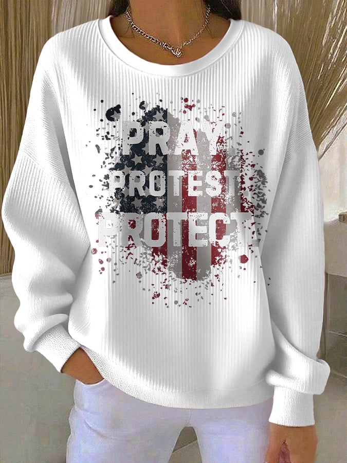 Retro Pray Protest Protect Print Round Neck Sweatshirt-America250