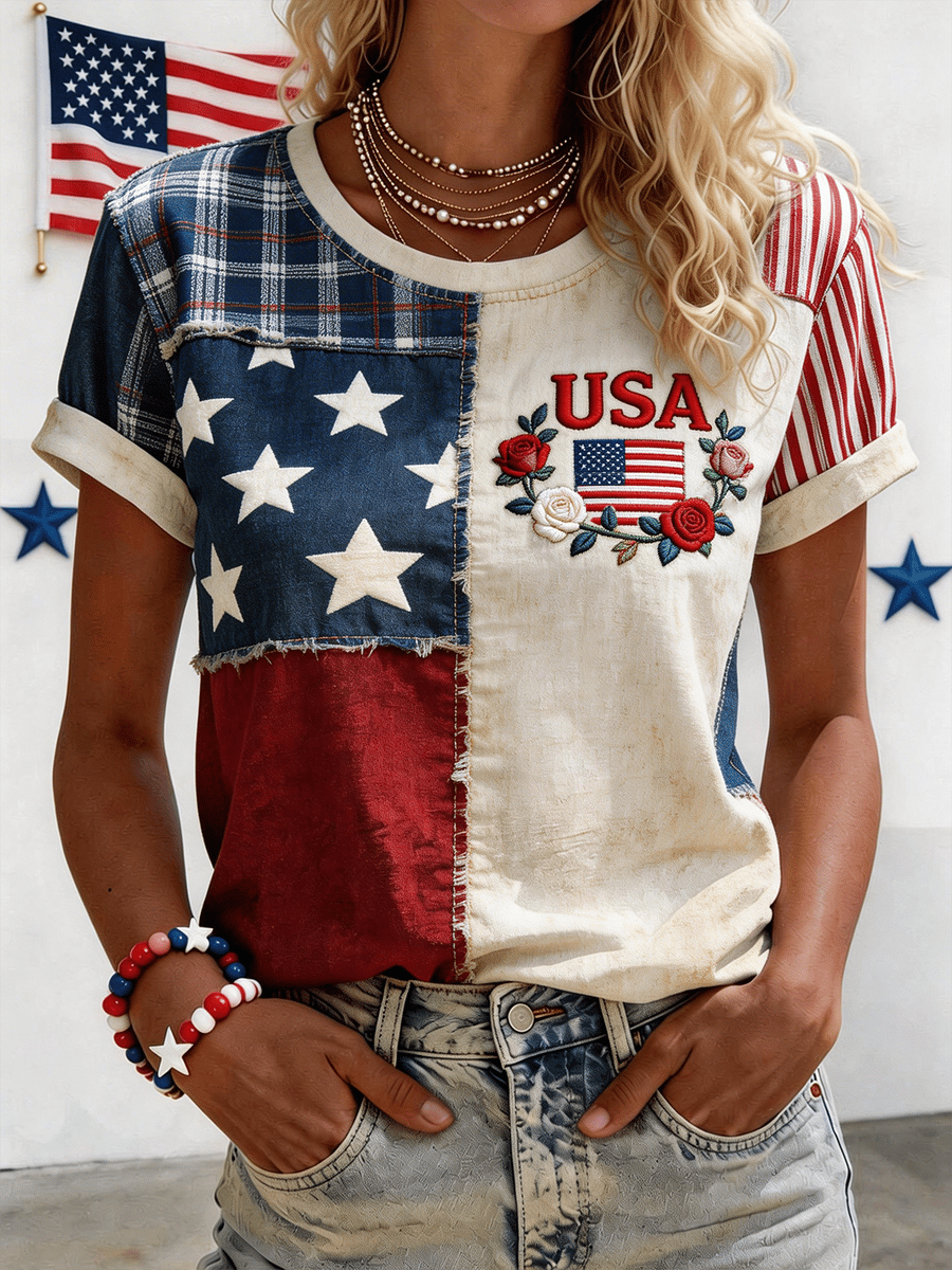 Women's USA Inspired Floral Linen T-Shirt-America250