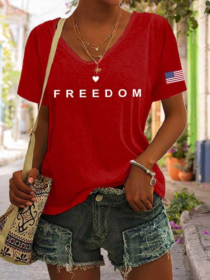 Women's freedom Print V-Neck T-Shirt-America250